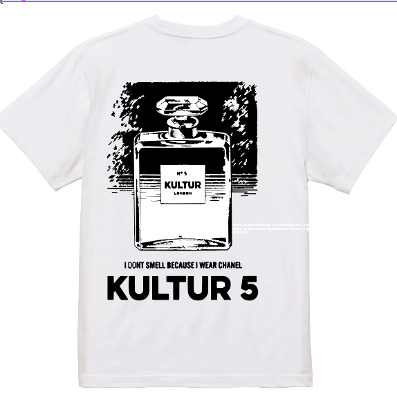 White Kultur 5 perfume graphic tee shown from the back