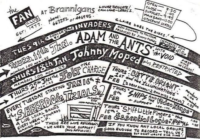 Hand-lettered Fan Club flyer advertising January and February gigs at Brannigans, Leeds